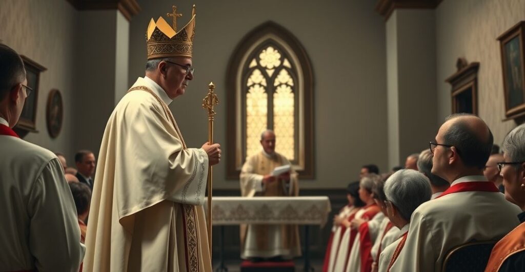 Rewersyjna scena katolicka pokazująca kapłana w tradycyjnych szatach podczas kontrowersyjnej ceremonii, wyrażająca krytykę modernistycznych praktyk religijnych.