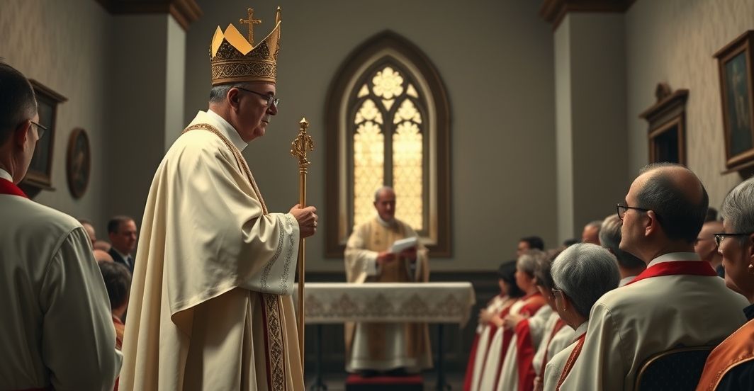 Kontrowersyjna ceremonia katolicka w duchu krytyki modernizmu Rewersyjna scena katolicka pokazująca kapłana w tradycyjnych szatach podczas kontrowersyjnej ceremonii, wyrażająca krytykę modernistycznych praktyk religijnych.