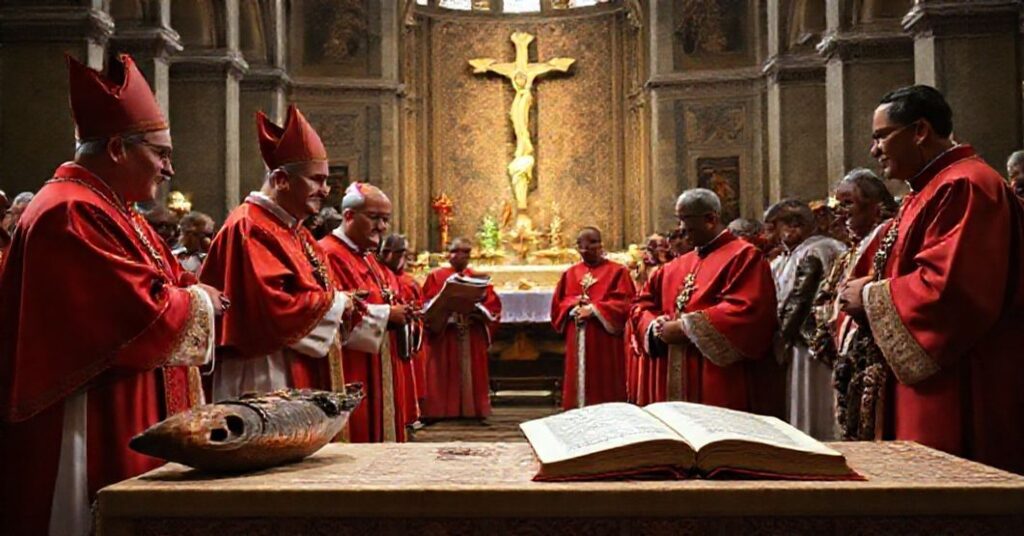 Uroczystość w Montrealu z przekazaniem artefaktów rdzennych przez hierarchów posoborowych w asyście kardynałów w tradycyjnych szatach. W tle otwarta encyklika Piusa XI 'Quas primas' podkreśla brak ewangelizacyjnego przesłania.