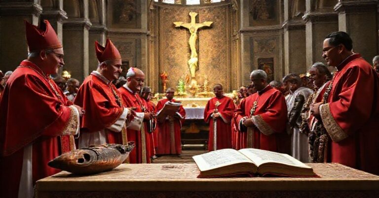 Uroczystość w Montrealu z przekazaniem artefaktów rdzennych przez hierarchów posoborowych w asyście kardynałów w tradycyjnych szatach. W tle otwarta encyklika Piusa XI 'Quas primas' podkreśla brak ewangelizacyjnego przesłania.