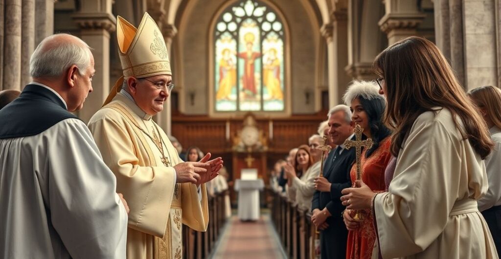 Szczegółowe zdjęcie w kościele z biskupem wręczającym odznaczenia laikom podczas kontrowersyjnej ceremonii, ukazujące powagę i religijny charakter wydarzenia