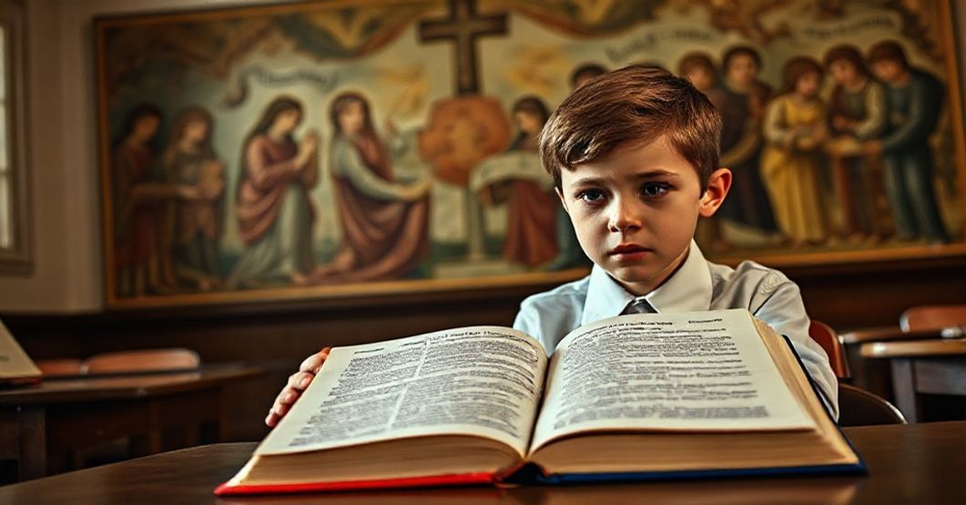 Tradycyjny katolicki salon szkolny z zaniepokojonym uczniem i kontrowersyjnym podręcznikiem edukacji zdrowotnej na stole.