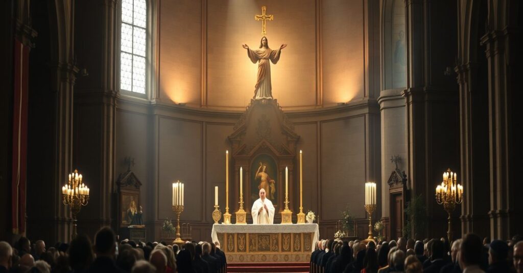 Wewnątrz Katedry Wawelskiej w Krakowie podczas kontrowersyjnej inauguracji kardynała Grzegorza Rysia jako arcybiskupa. Scena pełna modernistycznej liturgii i gestów ekumenicznych.