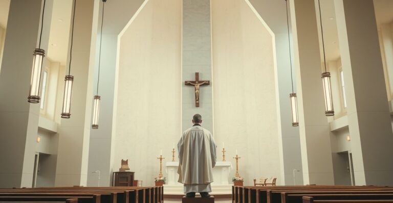 Realistyczny obraz katolickiej liturgii w nowoczesnym kościele, ukazujący kapłana w liturgicznym stroju podczas symulacji konsekracji, z naciskiem na brak duchowości i kontrowersyjną ceremonię w modernistycznej strukturze.