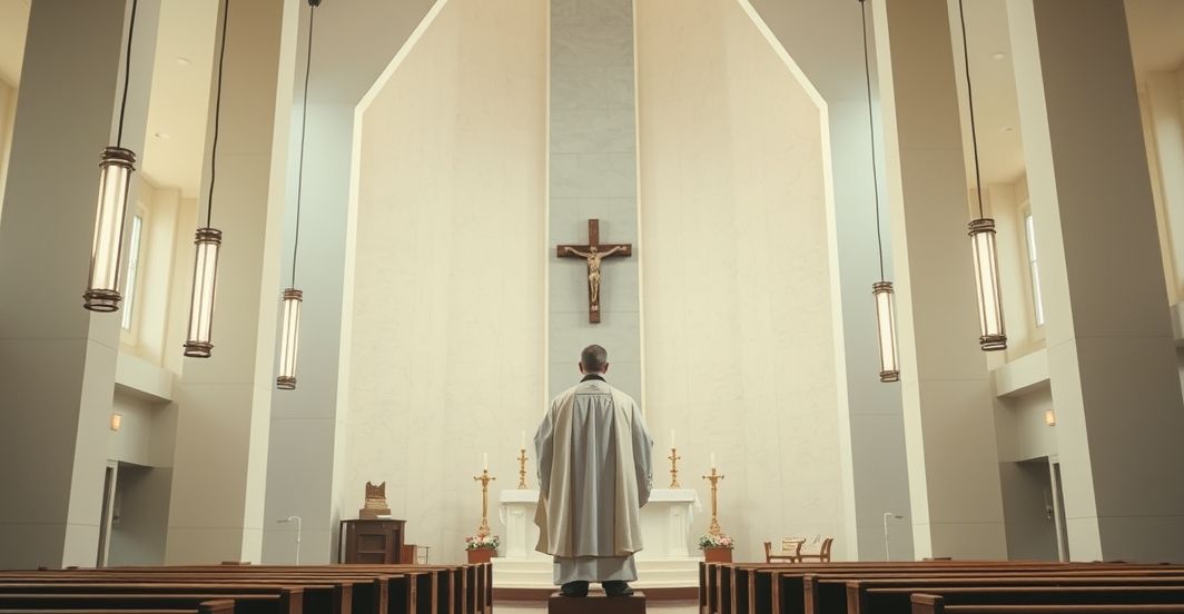 Realistyczny obraz katolickiej liturgii w nowoczesnym kościele, ukazujący kapłana w liturgicznym stroju podczas symulacji konsekracji, z naciskiem na brak duchowości i kontrowersyjną ceremonię w modernistycznej strukturze.