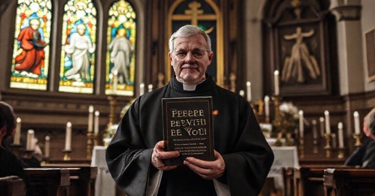 Scena katolicka przedstawiająca publikację kontrowersyjnej książki 'Pokój z Wami: Moje Słowa do Kościoła i do Świata' autorstwa Roberta Prevosta, samozwańczego 'Leona XIV'.