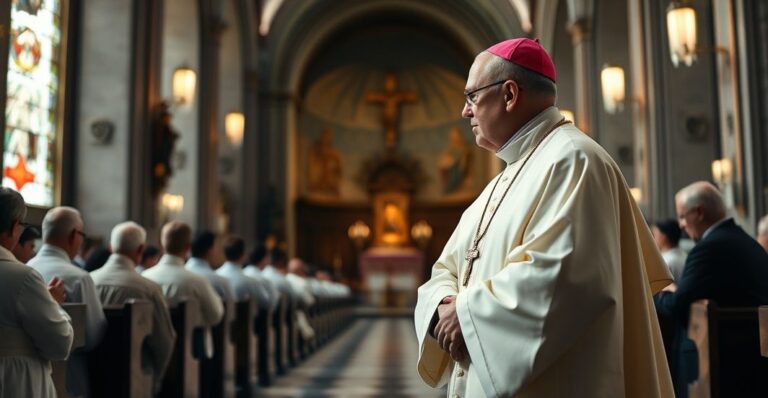 Fotografia realistyczna duchownego katolickiego podczas nowoczesnej liturgii, ukazująca brak tradycyjnego pobożnego charakteru