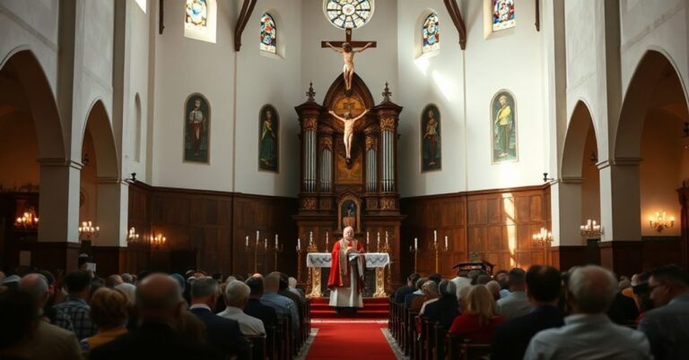 Wnętrze kościoła św. Jana Chrzciciela w Tczewie podczas kontrowersyjnej mszy z udziałem „biskupa” Henryka Tomasika. Scena przedstawia konflikt między kultem Boga a synkretyzmem narodowo-liturgicznym.