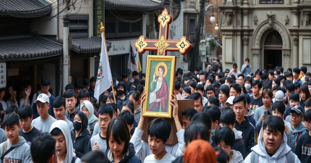 Sobotni marsz z kontrowersyjnym krzyżem i ikoną Światowych Dni Młodzieży w Korei