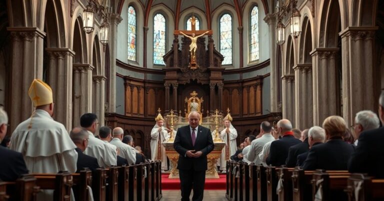 Wnętrze kościoła w Katowicach podczas kontrowersyjnej pseudo-liturgii upamiętniającej ofiary stanu wojennego.