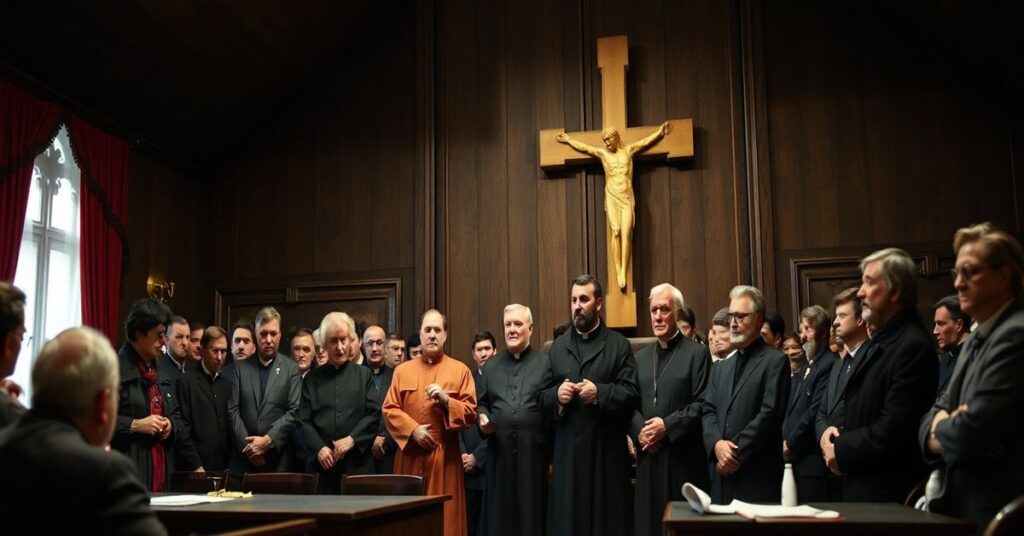 Scena konferencji prasowej omawiającej kontrowersyjne inicjatywy wielkopostne o synkretycznym charakterze
