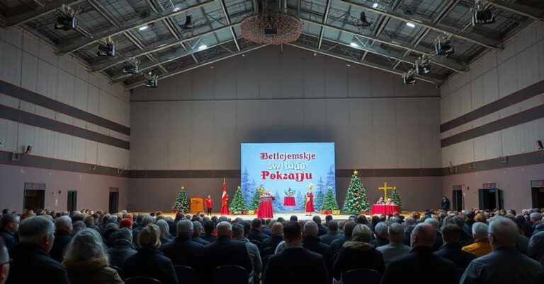 Grupa ludzi zgromadzona w hali sportowej w Pleszewie podczas kontrowersyjnej uroczystości wigilijnej z udziałem Damiana Bryla