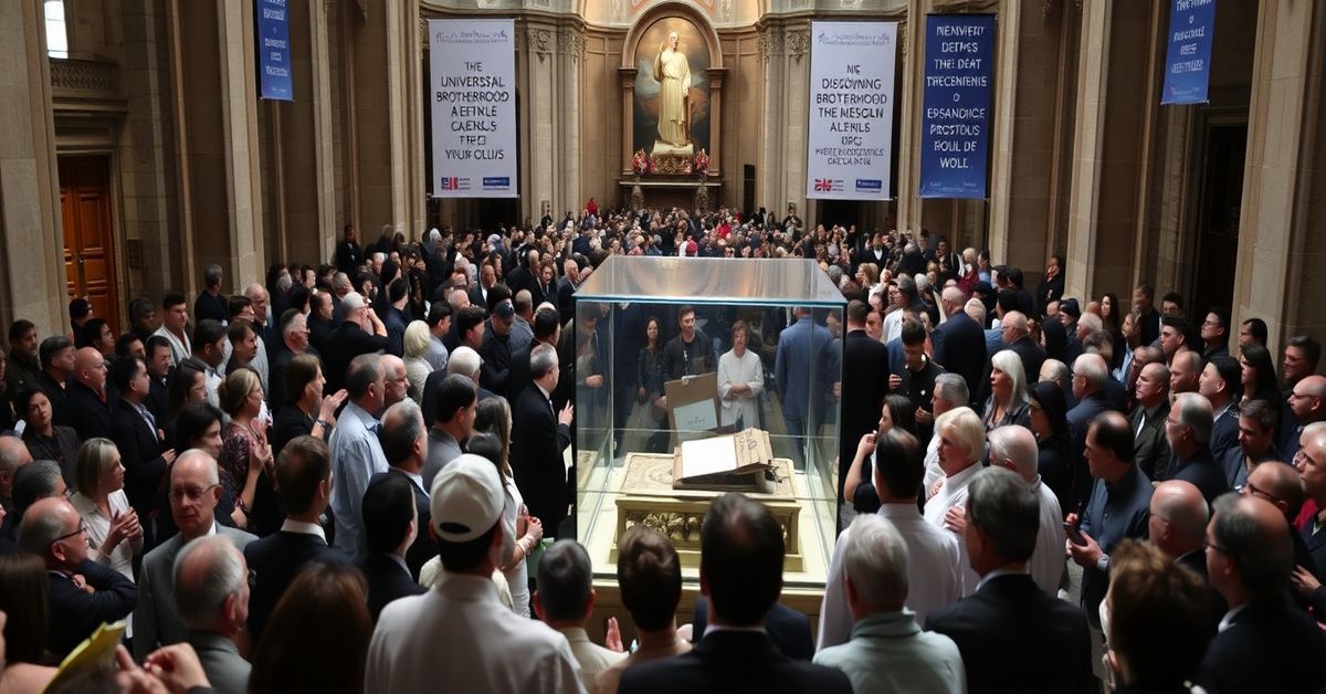 Kontrowersyjna wystawa relikwii św. Franciszka w Asyżu Wnętrze bazyliki św. Franciszka w Asyżu w 2026 roku podczas kontrowersyjnej wystawy relikwii Świętego. Tłum pielgrzymów i duchownych zbierają się wokół szklanej witryny z doczesnymi szczątkami. Scena podkreśla kontrast między tradycyjną pobożnością a nowoczesnymi praktykami kościelnymi.