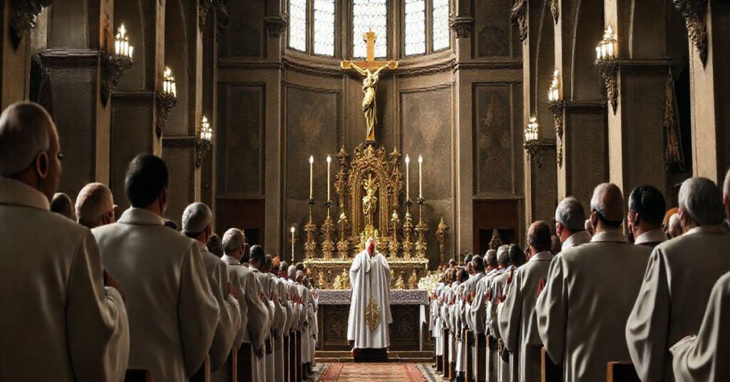 Obraz liturgii katolickiej w tradycyjnym kościele podczas kontrowersyjnej beatyfikacji, ukazujący duchową powagę i tradycyjne vestimenta