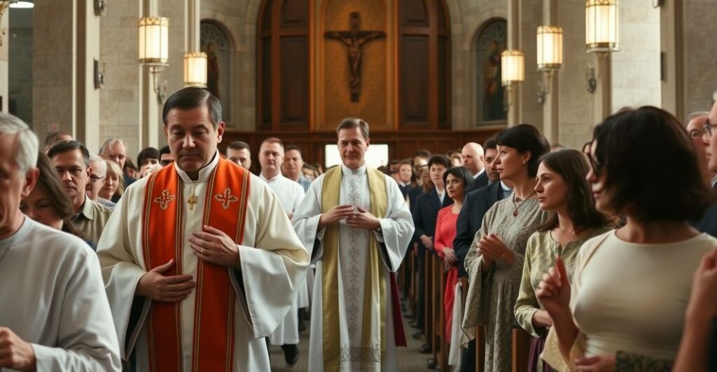 Rewerentny obraz katolickiej procesji w zabarwionej modernistycznym niepokojem świątyni