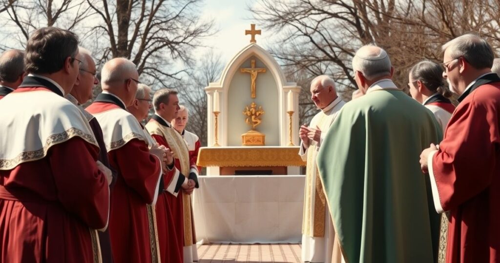 Fotografia realistyczna ukazująca kontrowersyjną ceremonię kanonizacji, z duchownymi w tradycyjnych szatach, podkreślającą powagę i sceptycyzm wobec liturgii