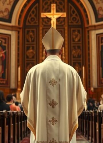 Krytyczne przedstawienie kontrowersyjnego ekumenicznego nabożeństwa w katolickim stylu Reverentna scena katolickiego kapłana podczas kontrowersyjnego ekumenicznego nabożeństwa w bazylice św. Pawła, ukazująca krytykę modernistycznej parodii męczeństwa