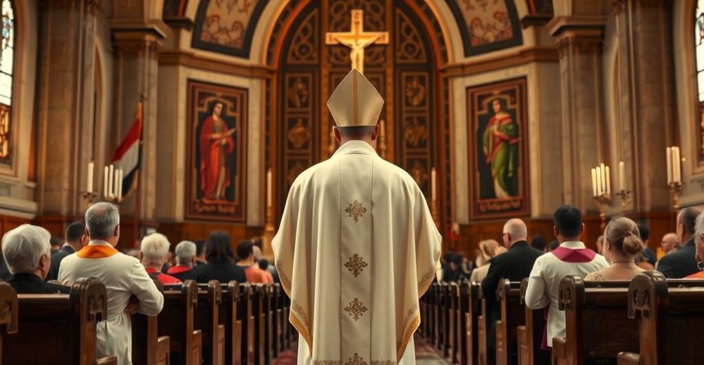 Reverentna scena katolickiego kapłana podczas kontrowersyjnego ekumenicznego nabożeństwa w bazylice św. Pawła, ukazująca krytykę modernistycznej parodii męczeństwa