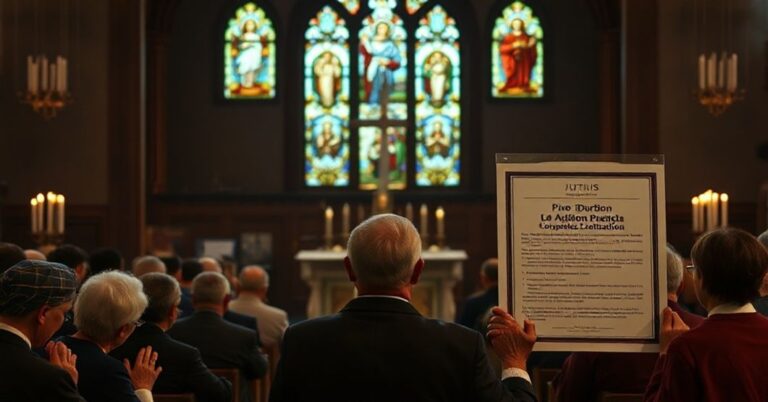 Wnętrze kościoła katolickiego z grupą tradycyjnych katolików modlących się w obliczu honorowania senatora Dicka Durbina za jego proaborcyjne przekonania.