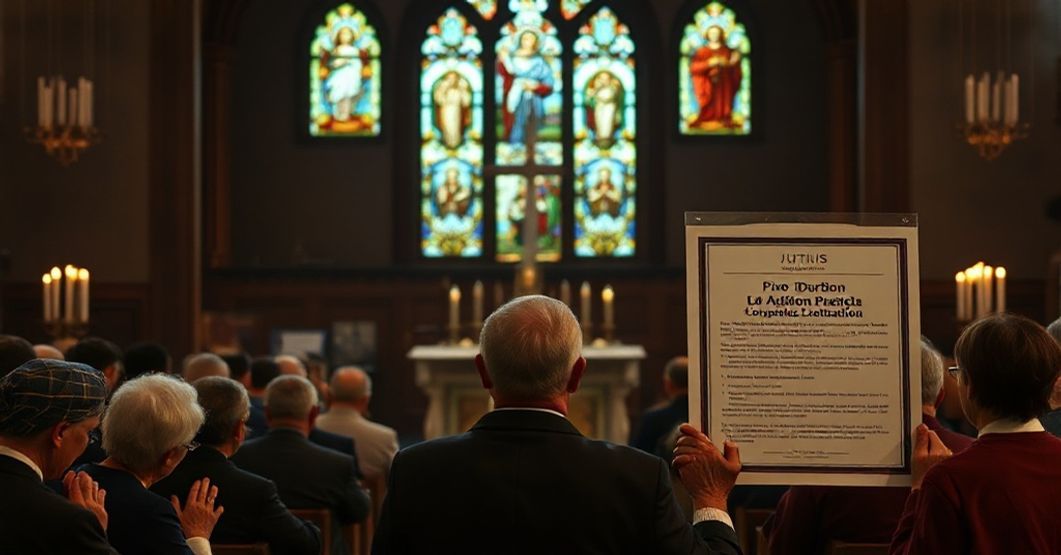 Kryzys moralny w Archidiecezji Chicago: Senator Dick Durbin i honorowanie aborcji Wnętrze kościoła katolickiego z grupą tradycyjnych katolików modlących się w obliczu honorowania senatora Dicka Durbina za jego proaborcyjne przekonania.