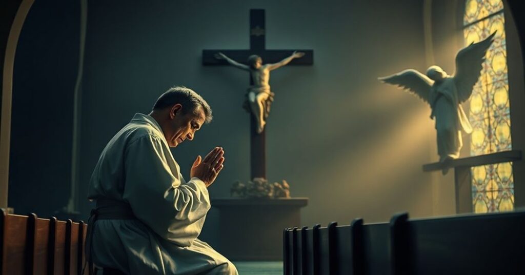 Człowiek modli się w kaplicy przed krzyżem z niepewnym wyrazem twarzy, w tle prawie niewidoczny anioł symbolizujący kontrowersyjne nawrócenie Jana Budziaszka.