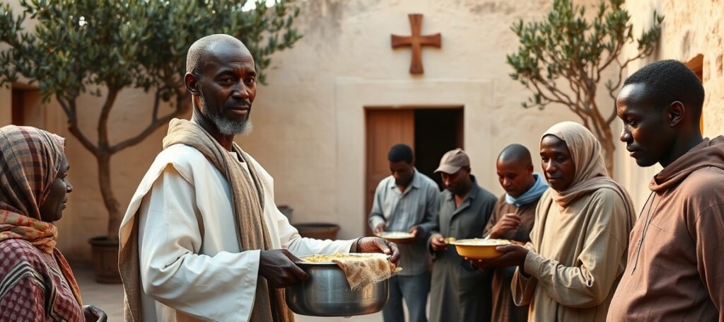 Senegalski mężczyzna rozdziela posiłki migrantom w krajobrazie łączącym elementy chrześcijańskiej kaplicy i islamskiej wspólnoty Baye Fall