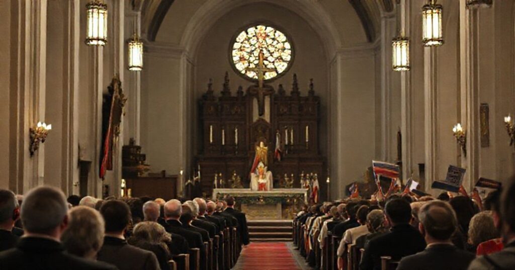 Wewnętrze kościoła Najświętszego Serca Pana Jezusa w Nowym Targu podczas kontrowersyjnej mszy z udziałem "Solidarności" z wyraźnym niepokojem na twarzach duchownych i wyobrażeniem profanacji sakralnego miejsca.