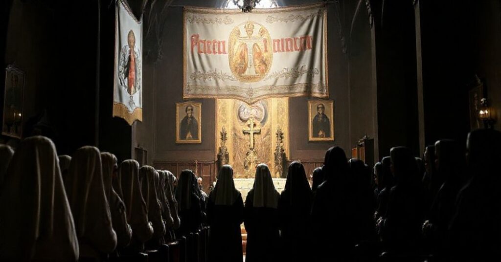 Obraz przedstawiający kontrowersyjne otwarcie domu zakonnego Sióstr Służebnic Niepokalanej Panny Maryi w Gdańsku, z akcentami na tradycyjne katolickie elementy oraz modernistyczne kompromisy.