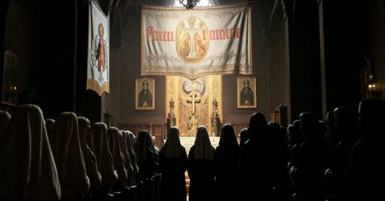 Obraz przedstawiający kontrowersyjne otwarcie domu zakonnego Sióstr Służebnic Niepokalanej Panny Maryi w Gdańsku, z akcentami na tradycyjne katolickie elementy oraz modernistyczne kompromisy.