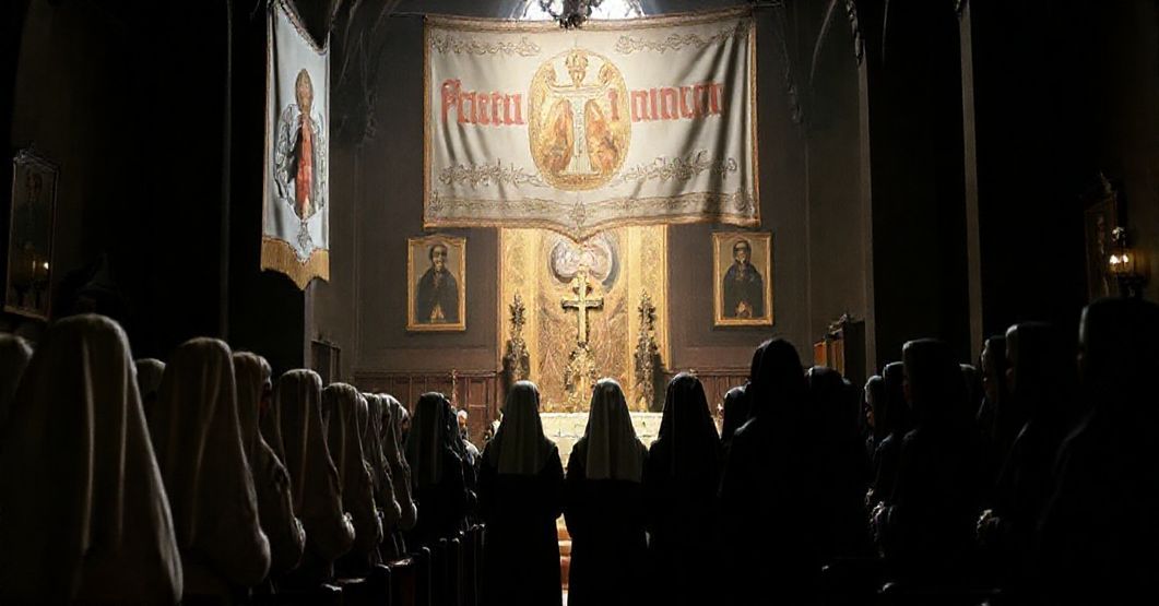 Obraz przedstawiający kontrowersyjne otwarcie domu zakonnego Sióstr Służebnic Niepokalanej Panny Maryi w Gdańsku, z akcentami na tradycyjne katolickie elementy oraz modernistyczne kompromisy.