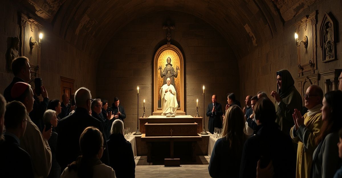 Zdjęcie przedstawiające kontrowersyjne otwarcie krypty z relikwiami św. Franciszka w Asyżu