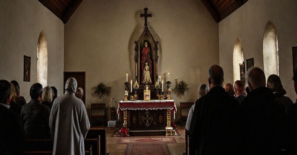 Tradycyjna kaplica katolicka w Radzyminie z kontrowersyjnym sanktuarium, symbolizująca synkretyzm religijny i kult jednostki zamiast prawdziwego kultu Bożego.
