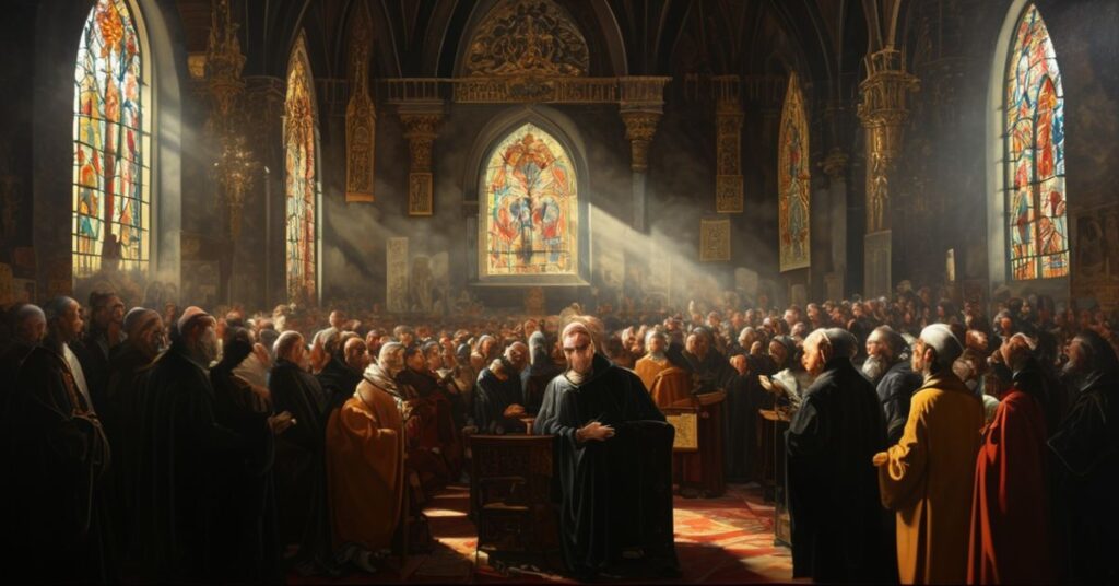 Scena w kościele przedstawiająca kontrowersyjne wydarzenie z udziałem księdza Thomasa O'Donalda i Jamesa Martina SJ