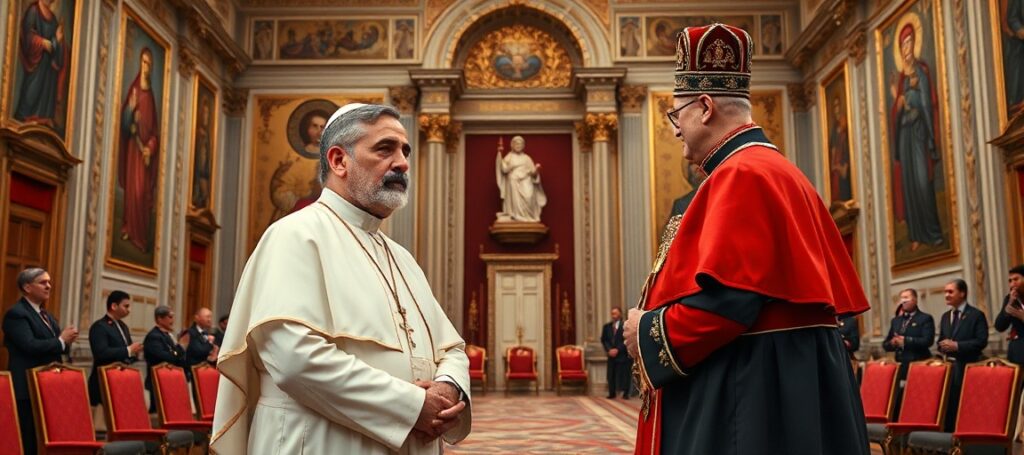 Obraz przedstawiający Mohammadowi Hosseinowi Mokhtariemu otrzymującego Order Piusa IX od przedstawiciela Leona XIV w tradycyjnym wnętrzu Watykanu.