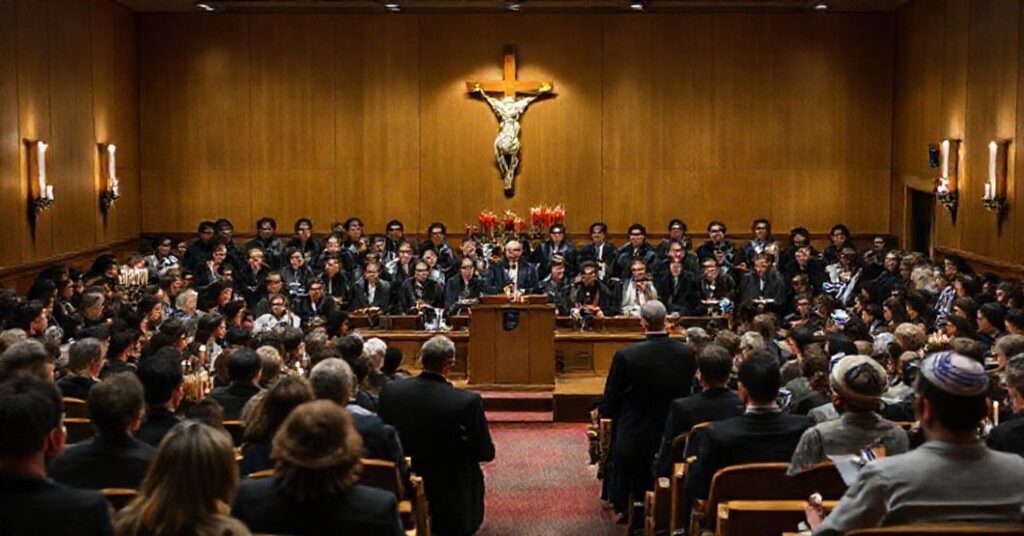 Sala wykładowa na KUL podczas kontrowersyjnego wydarzenia interreligijnego z udziałem studentów żydowskich i "ks." Pawła Rytel-Andrianika