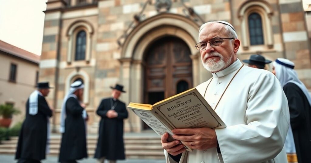 Tradycyjny katolicki ksiądz w ornaty w stoi przed historycznym kościołem we Włoszech, trzymając zamknięty egzemplarz podręcznika "Sojusznicy tego samego Sprzymierzeńca", z wyraźnie zaniepokojonym wyrazem twarzy. W tle grupa rabinów w tradycyjnych ubraniach angażuje się w dyskusję.