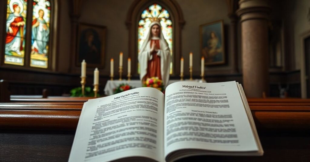 Sobór katolicki z rzeźbą Najświętszej Maryi Panny i dokumentem "Mater populi fidelis" na ławce