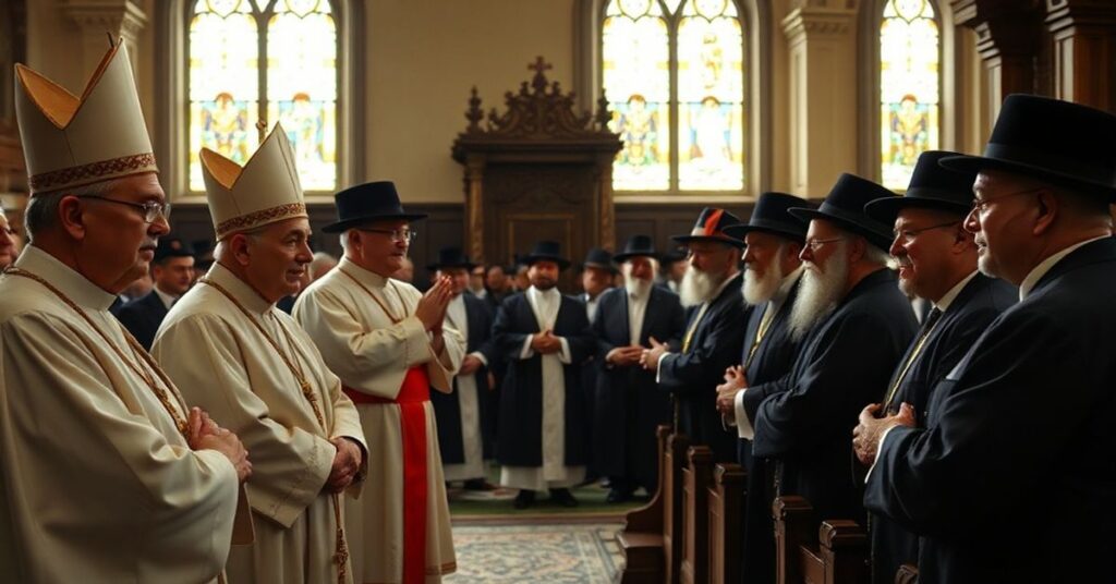 Sobór katolicki z biskupami w szatach liturgicznych i rabinami w tradycyjnych strojach podczas kontrowersyjnego spotkania na KUL.