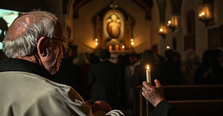 Tradycyjna katolicka scena przedstawiająca kontrowersje wokół filmu "Najświętsze Serce: Jego niekończące się panowanie" Stevena i Sabriny Gunnell. Stary kościół we Francji z ołtarzem poświęconym Najświętszemu Sercu, gdzie pobożni katolicy modlą się w ciszy. Na pierwszej planie stoi starszy ksiądz trzymający różaniec przy blasku świec, w tle widnieje rzutnik kinowy rzucający cienie sentymentalnych scen z filmu.