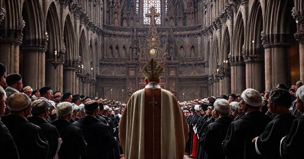 Scena w katedrze na Wawelu przedstawiająca kontrowersyjny ingres rzekomego kardynała Grzegorza Rysia w 2025 roku.