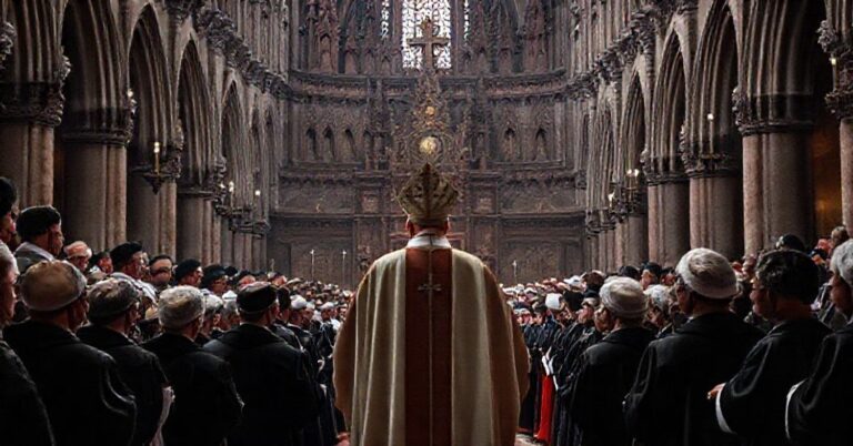 Scena w katedrze na Wawelu przedstawiająca kontrowersyjny ingres rzekomego kardynała Grzegorza Rysia w 2025 roku.