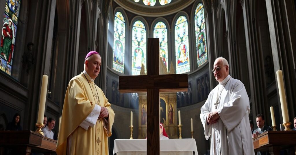 Wnętrze bazyliki św. Babila w Mediolanie podczas kontrowersyjnej ceremonii wprowadzania "krzyża olimpijskiego" przez abp. Mario Delpiniego i przedstawicieli MKOl.
