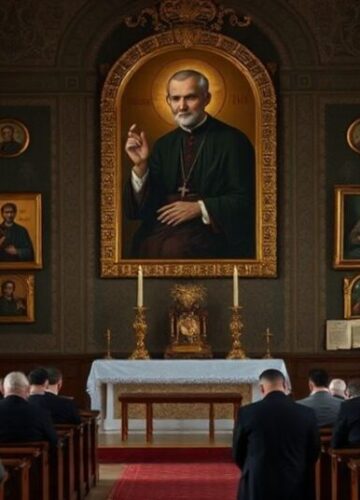 Wnętrze kościoła z ołtarzem i portretem ks. Jerzego Popiełuszki na tle tradycyjnych katolickich ikon. Scena ukazuje napięcie między modernistycznym kultem a prawdziwą katolicką pobożnością.