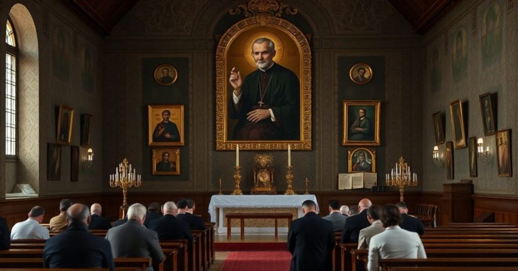 Wnętrze kościoła z ołtarzem i portretem ks. Jerzego Popiełuszki na tle tradycyjnych katolickich ikon. Scena ukazuje napięcie między modernistycznym kultem a prawdziwą katolicką pobożnością.