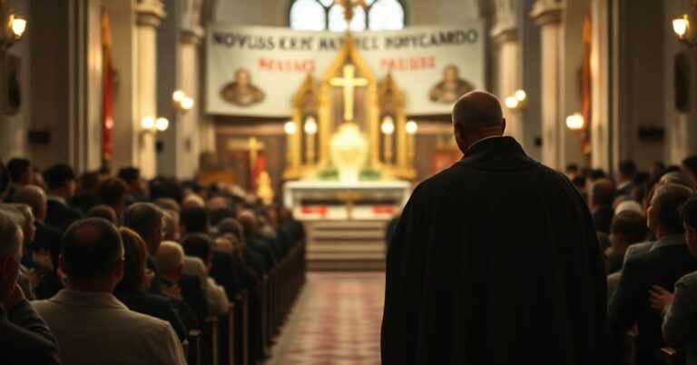 Tradycyjny wnętrze kościoła katolickiego z grupą pielgrzymów wokół grobu lub relikwii Ks. Jerzego Popiełuszki, z subtelnymi wskazówkami na kontrowersje teologiczne