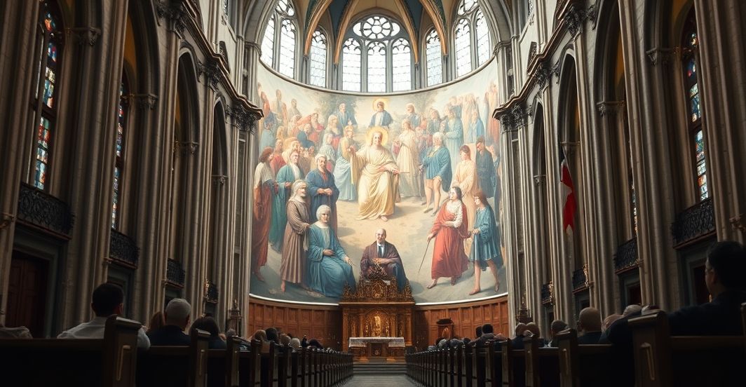 Kontrowersyjny mural w katedrze św. Patryka - krytyka synkretyzmu Rewersyjne zdjęcie wnętrza katedry św. Patryka z kontrowersyjnym muralem przedstawiającym postacie religijne i imigrantów w kontekście krytyki synkretyzmu religijnego