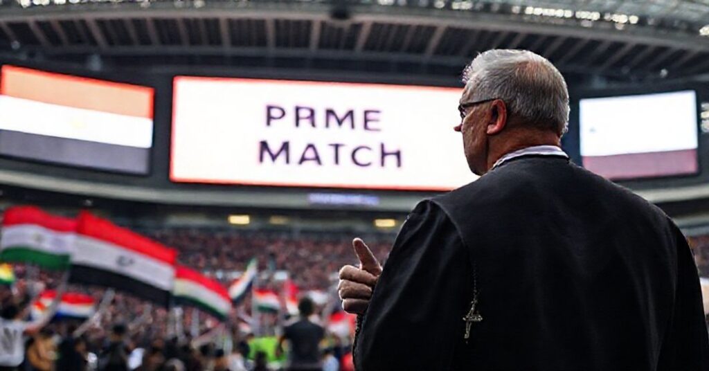 Tradycyjny katolicki ksiądz w szatach liturgicznych patrzy z troską na stadion w Seattle podczas kontrowersyjnego meczu 'Pride Match' z udziałem drużyn z krajów karzących homoseksualizm.