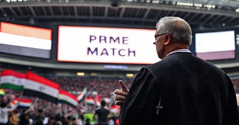 Tradycyjny katolicki ksiądz w szatach liturgicznych patrzy z troską na stadion w Seattle podczas kontrowersyjnego meczu 'Pride Match' z udziałem drużyn z krajów karzących homoseksualizm.