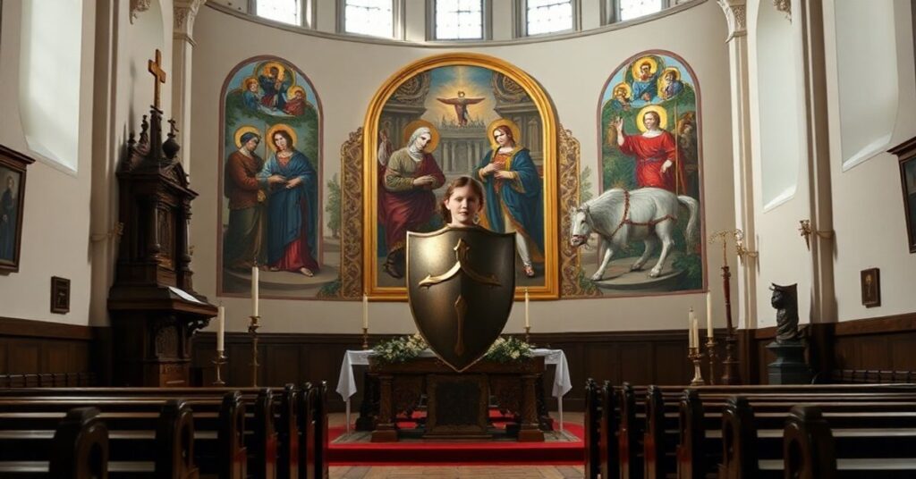 Wnętrze kościoła z tradycyjnym ołtarzem i świętymi oraz w tle kontrowersyjny tryptyk "Powstanie Warszawskie" Józefa Mehoffera.