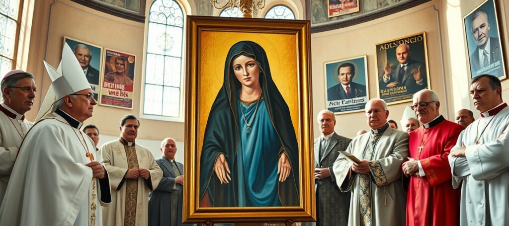 Obraz przedstawiający kontrowersyjny 'cud lubelski' - płaczący wizerunek Matki Bożej w kościele w Lublinie z udziałem duchownych posoborowych w ubiorach liturgicznych